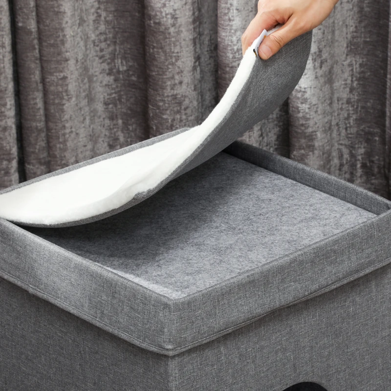 PawHut Dom dla Kota z 2 Schronieniami, Łatwy Montaż, Plusz, 74 x 37,5 x 78,5 cm, Szary/Biały Kremowy