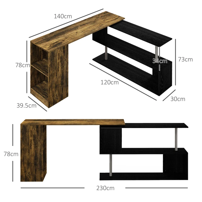 HOMCOM Birou de Colț Spațiu Economic cu Raft în Formă de S, Birou Modern din Lemn, 140x120x78 cm, Maro Rustic