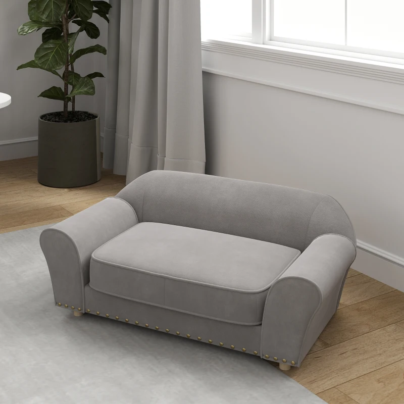 PawHut Sofa dla psów, łóżko z ćwiekami, gruba poduszka, zdejmowany pokrowiec, antypoślizgowe nóżki, 86,5x52,5x33 cm, Szary