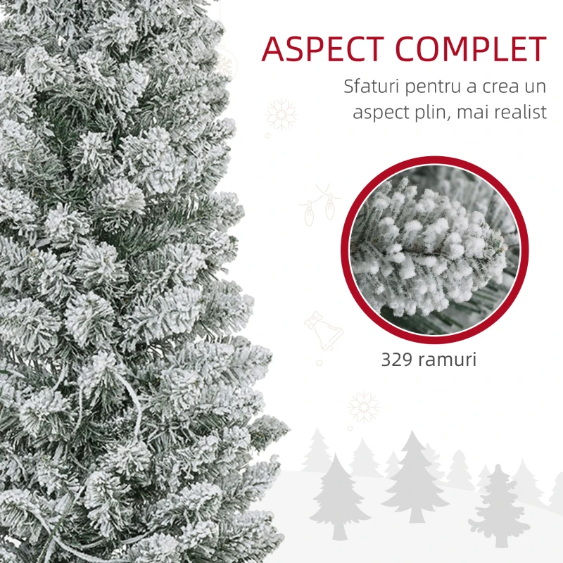 HOMCOM Brad de Crăciun Înzăpezit cu 329 de Crengi și Lumini LED Albe, Brad Artificial din Plastic, Ø52x180 cm, Verde