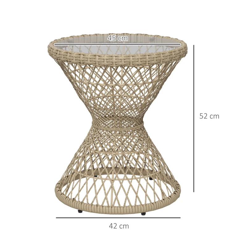Outsunny Couchtafel Bijzettafel Boho-Design, Glazen Blad, PE-Rattan, 45 cm x 45 cm x 52 cm, Natuurlijk