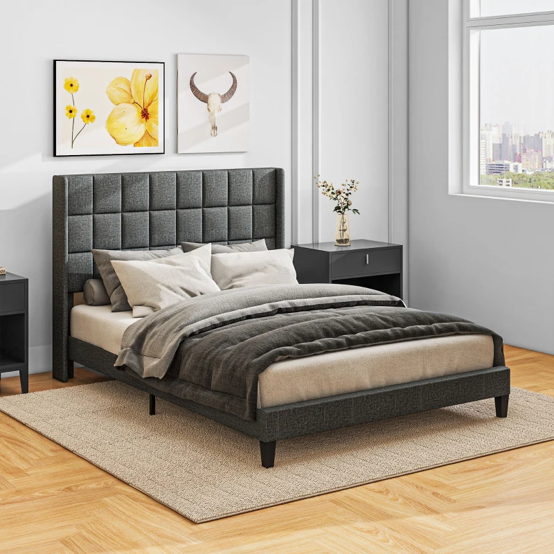 HOMCOM Cama 135x190 cm Estrutura de Cama com Cabeceira Estofada em Linho e Espaço de Armazenamento Debaixo da Cama Cinza