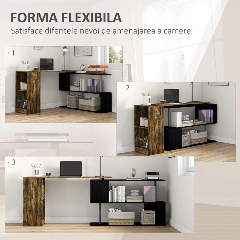 HOMCOM Birou de Colț Spațiu Economic cu Raft în Formă de S, Birou Modern din Lemn, 140x120x78 cm, Maro Rustic