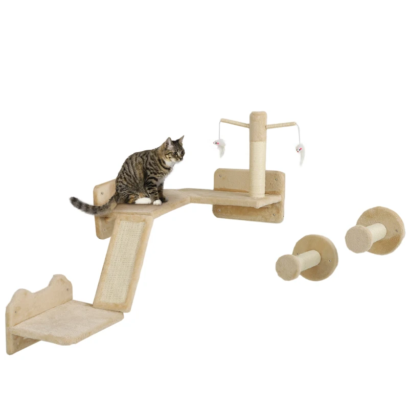 PawHut Katten Klimwandset met Krabpalen, Springplatforms en Speelballen, voor Klimmen en Rusten, Beige