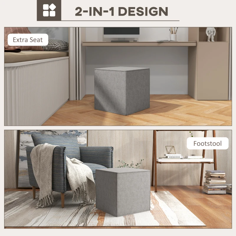 HOMCOM Taburet Pătrat 2 în 1 cu Hușă Detașabilă, Taburet din Material Textil cu Aspect de In, 41x41x41 cm, Gri Deschis