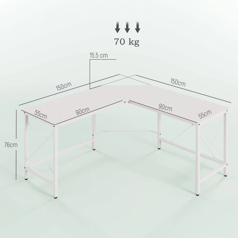 HOMCOM Birou de Colț în Formă de L cu Picioare Reglabile, Birou PC din Lemn și Oțel, 150x150x76 cm, Alb