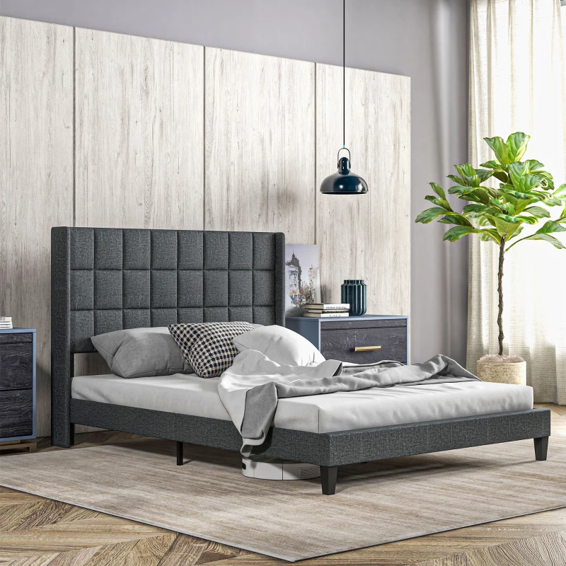 HOMCOM Cama 135x190 cm Estrutura de Cama com Cabeceira Estofada em Linho e Espaço de Armazenamento Debaixo da Cama Cinza