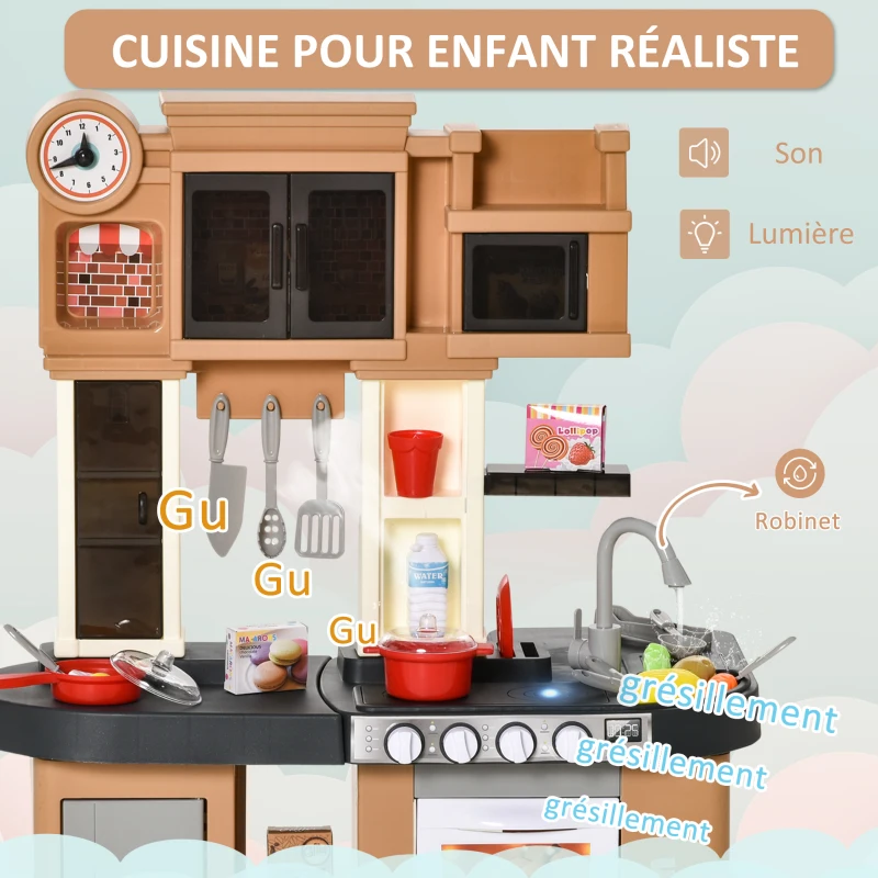 HOMCOM Cuisine pour Enfant - dinette - Jeu d'imitation Complet 58 Accessoires variés - Fonctions sonores, Simulation écoulement Eau - PP PE Marron