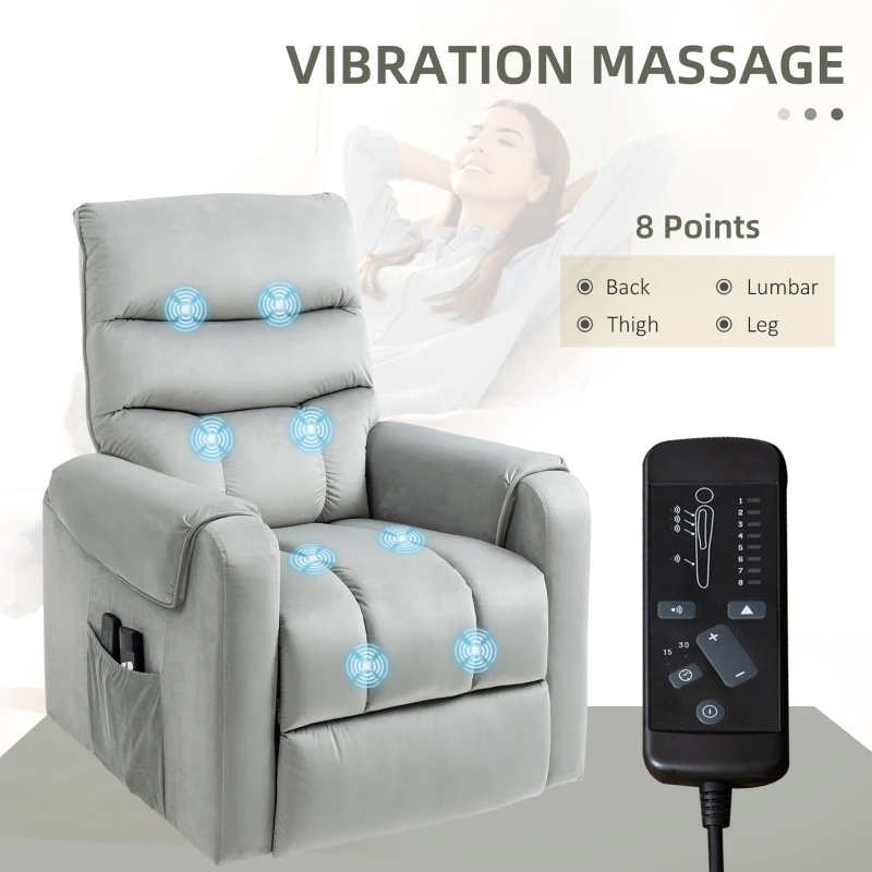 HOMCOM stahulp relaxstoel elektrische tv-stoel met massagefunctie elektrische ligfunctie fluweelzacht polyester metaalschuim lichtgrijs 79 x 97 x 103 cm