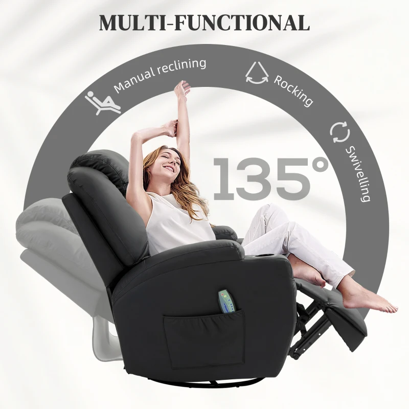 HOMCOM Relaxfauteuil met Massagefunctie, Kantelbare Leuning, Draaibaar, tot 150 kg, Kunstleer, Zwart