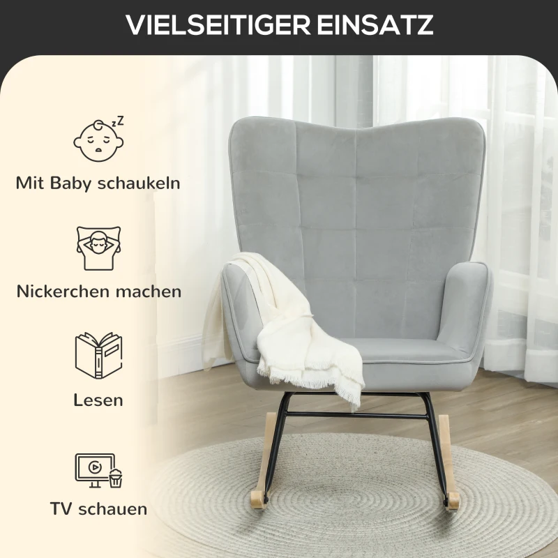 HOMCOM Schommelstoel, Dikke Bekleding, Brede Rugleuning, Beukenhout/Stalen Frame, Tot 120 kg, Lichtgrijs