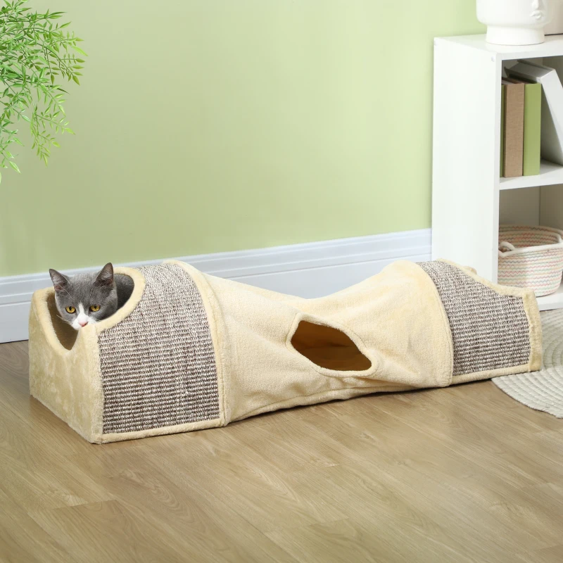 PawHut Kattentunnel met 3 Openingen, Pluche, Sisal-Krabtouw, 107x38x29 cm, Beige/Grijs