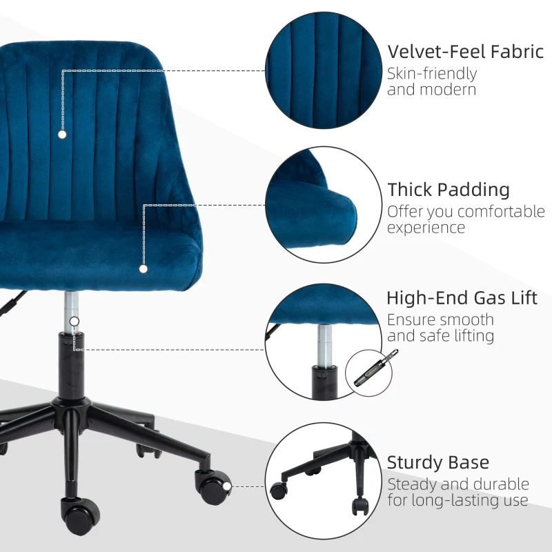 Vinsetto kantoorstoel draaistoel bureaustoel ergonomisch lijndesign in hoogte verstelbaar 360° draaibaar schuimstof fluweelzacht polyester blauw 50 x 58 x 77-85 cm