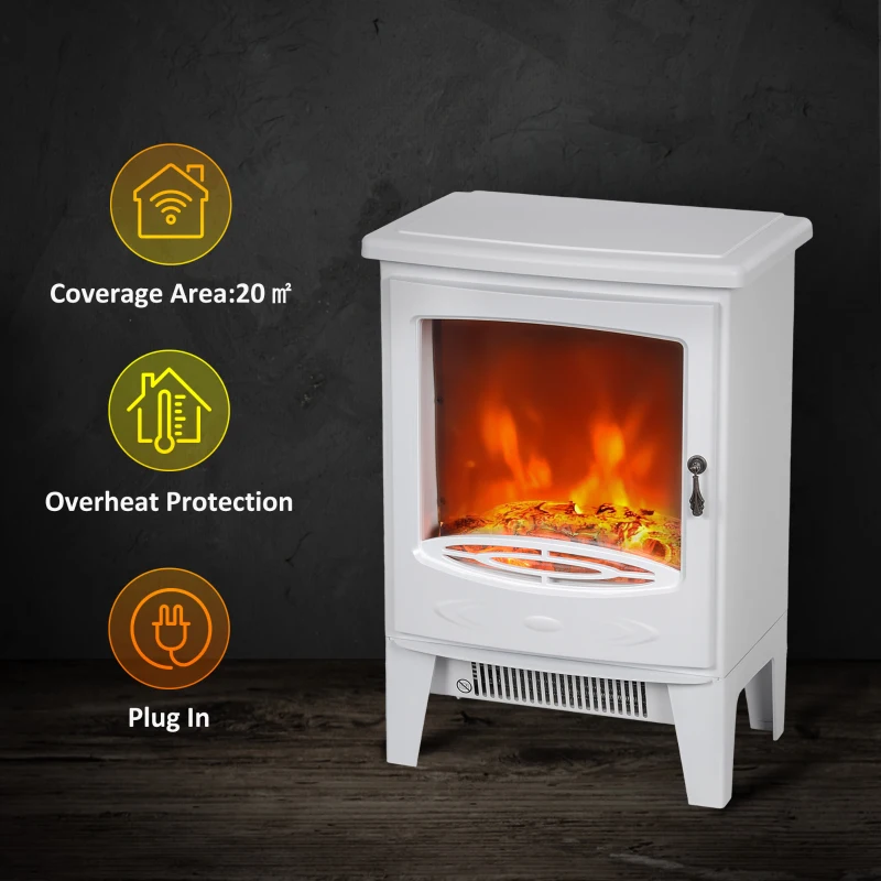 HOMCOM Tempered Glass Casing Electric Fireplace, Freestanding Electric Fire with Realistic Flame Effect, Electric Log Burner with Overheat Protection, 950w/ 1850W, White