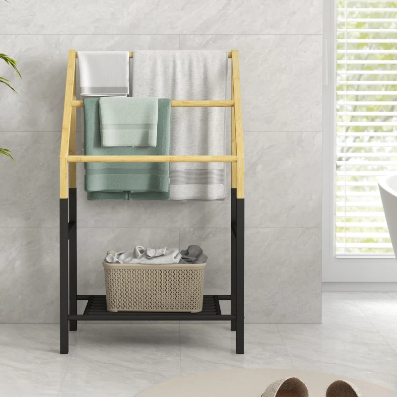 Homcom Suport Prosoape Podea – Negru, cu 3 Bare & Raft Inferior