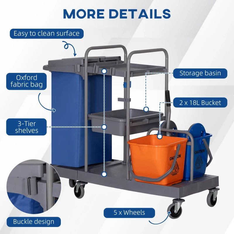 HOMCOM Cărucior Profesional de Curățenie cu 3 Rafturi, Sac pentru Gunoi și Găleată, 111x63,3x103 cm, Gri
