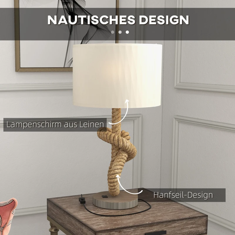 HOMCOM Tafellamp in Maritieme Stijl met USB-Oplaadpoort, Warm, Touwdecor, 30x30x55 cm