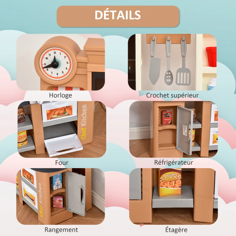 HOMCOM Cuisine pour Enfant - dinette - Jeu d'imitation Complet 58 Accessoires variés - Fonctions sonores, Simulation écoulement Eau - PP PE Marron