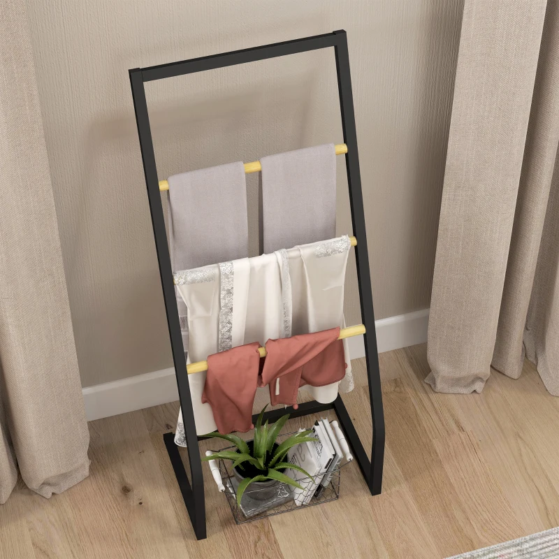 HOMCOM Raft pentru Prosoape cu 4 Niveluri din Bambus, Suport de Prosoape de Dodea Autoportant, 40,5x28x98 cm, Negru