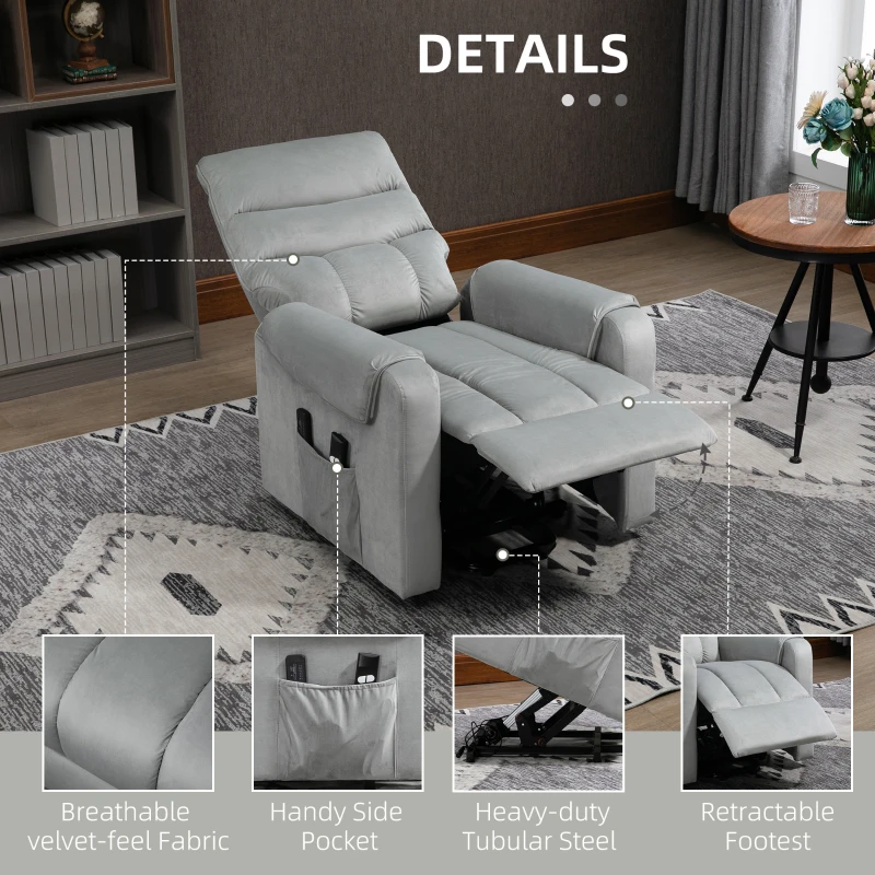 HOMCOM stahulp relaxstoel elektrische tv-stoel met massagefunctie elektrische ligfunctie fluweelzacht polyester metaalschuim lichtgrijs 79 x 97 x 103 cm