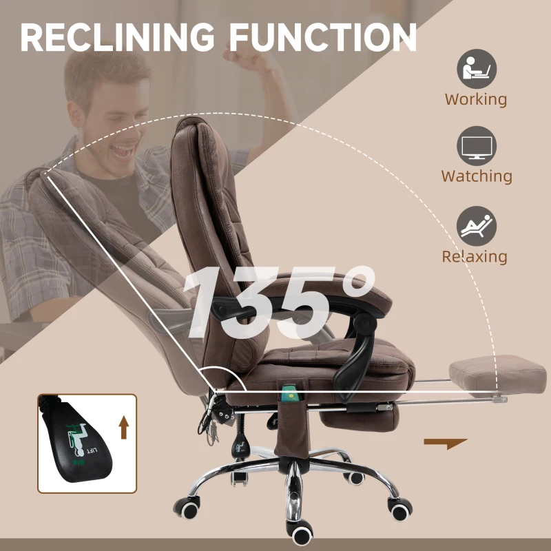 Vinsetto Massagebureaustoel met Lig- & Verwarmingsfunctie, Draaibaar, Ergonomisch, tot 120 kg, 65 x 138 x 98-104 cm, Bruin(m-6)