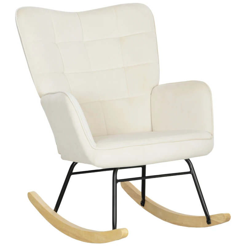 HOMCOM Schommelstoel, Dikke Bekleding, Brede Rugleuning, Beukenhout/Stalen Frame, tot 120 kg, Beige