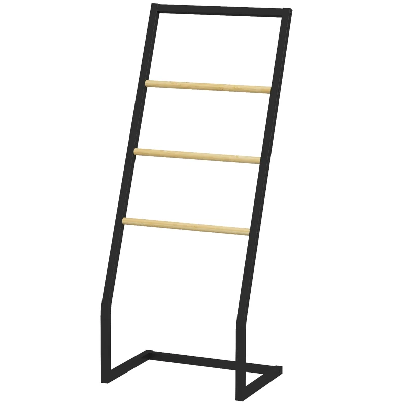 HOMCOM Raft pentru Prosoape cu 4 Niveluri din Bambus, Suport de Prosoape de Dodea Autoportant, 40,5x28x98 cm, Negru