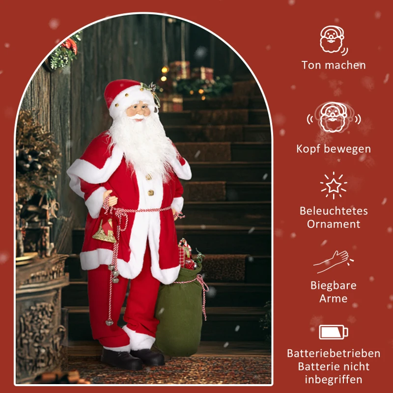 HOMCOM Kerstmanfiguur, beweeglijk, met geluidssensor, lachen & muziek, 140 cm, Rood
