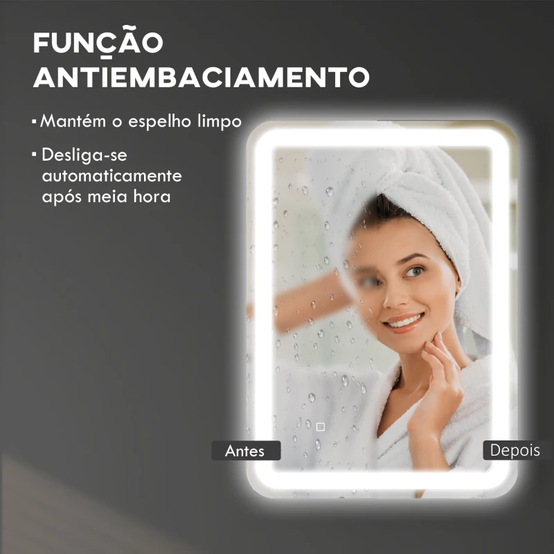 HOMCOM Espelho Casa de Banho com Luzes LED 70x50 cm Função Antiembaciamento 3 Temperaturas de Cor Ajustável e Função de Memória Prata