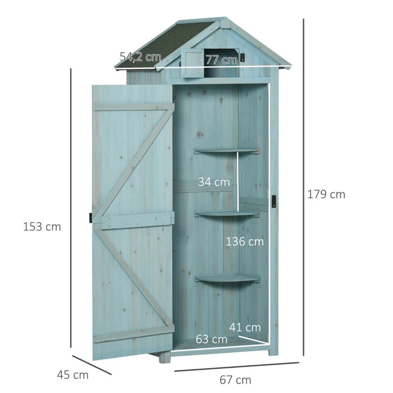 Outsunny Armoire de jardin extérieur abri de jardin en bois abri pour outils 3 étagères 2 Portes loquets Toit Pente bitumé 77L x 54l x 179H cm Sapin traité Bleu