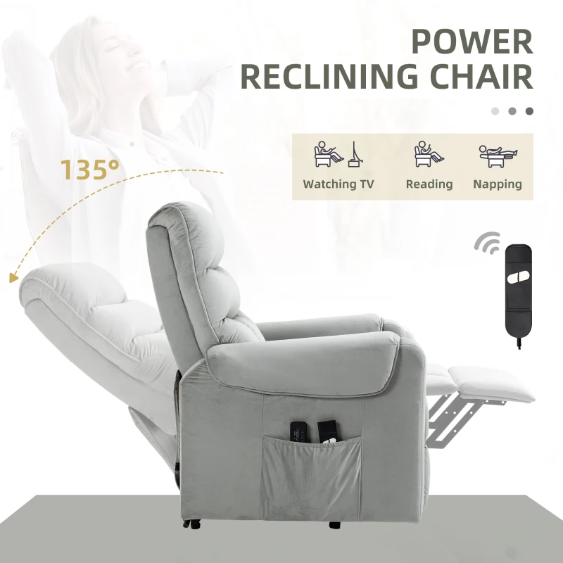 HOMCOM stahulp relaxstoel elektrische tv-stoel met massagefunctie elektrische ligfunctie fluweelzacht polyester metaalschuim lichtgrijs 79 x 97 x 103 cm