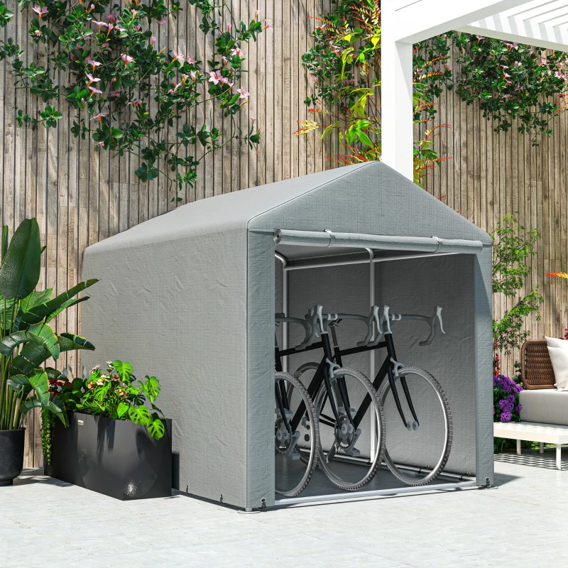 Outsunny Garaj pentru Motociclete, Biciclete și Unelte, Cort cu Fermoar, 160x218x172 cm, Gri Deschis(m-7)