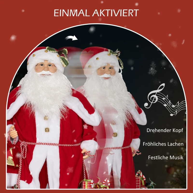 HOMCOM Kerstmanfiguur, beweeglijk, met geluidssensor, lachen & muziek, 140 cm, Rood
