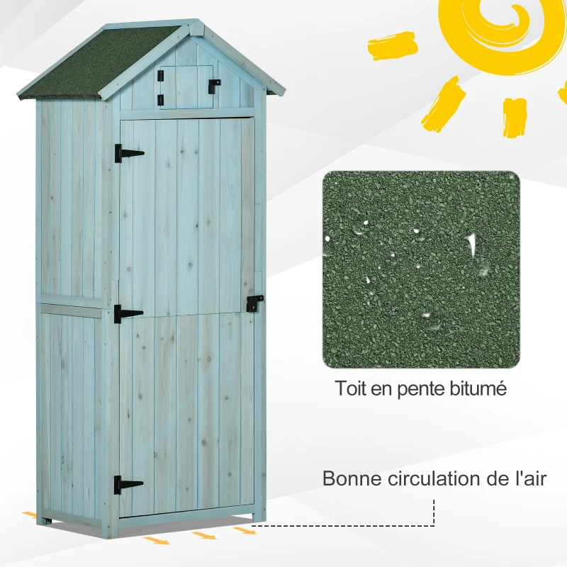 Outsunny Armoire de jardin extérieur abri de jardin en bois abri pour outils 3 étagères 2 Portes loquets Toit Pente bitumé 77L x 54l x 179H cm Sapin traité Bleu