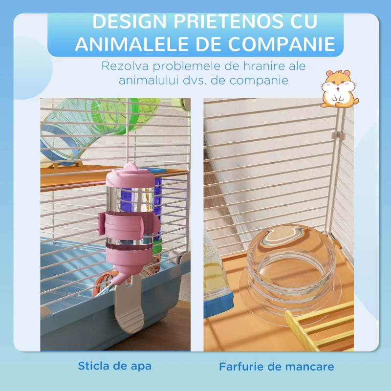 PawHut Cușcă pentru Hamsteri cu 5 Nivele, Tuburi, Rotiță, Scări, Căsuță și Sticluță, 46x30x58 cm, Albastru