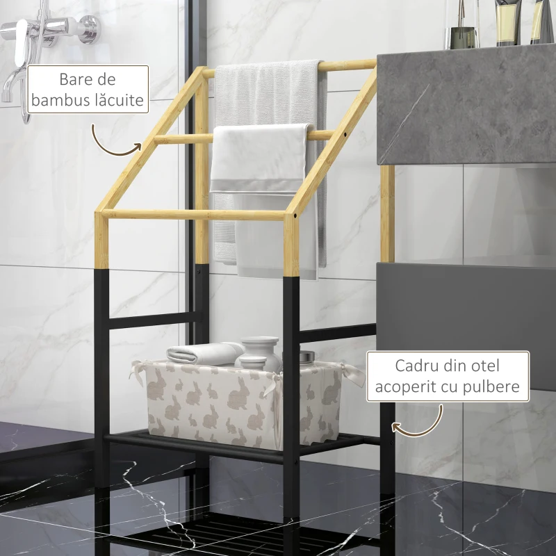 Homcom Suport Prosoape Podea – Negru, cu 3 Bare & Raft Inferior