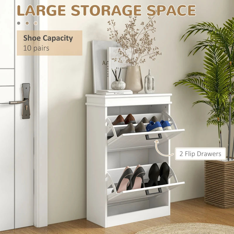 HOMCOM Dulap pentru Pantofi Spațios cu 2 Sertare Rabatabile pentru 10 Perechi de Pantofi, 54x24x82,5 cm, Alb