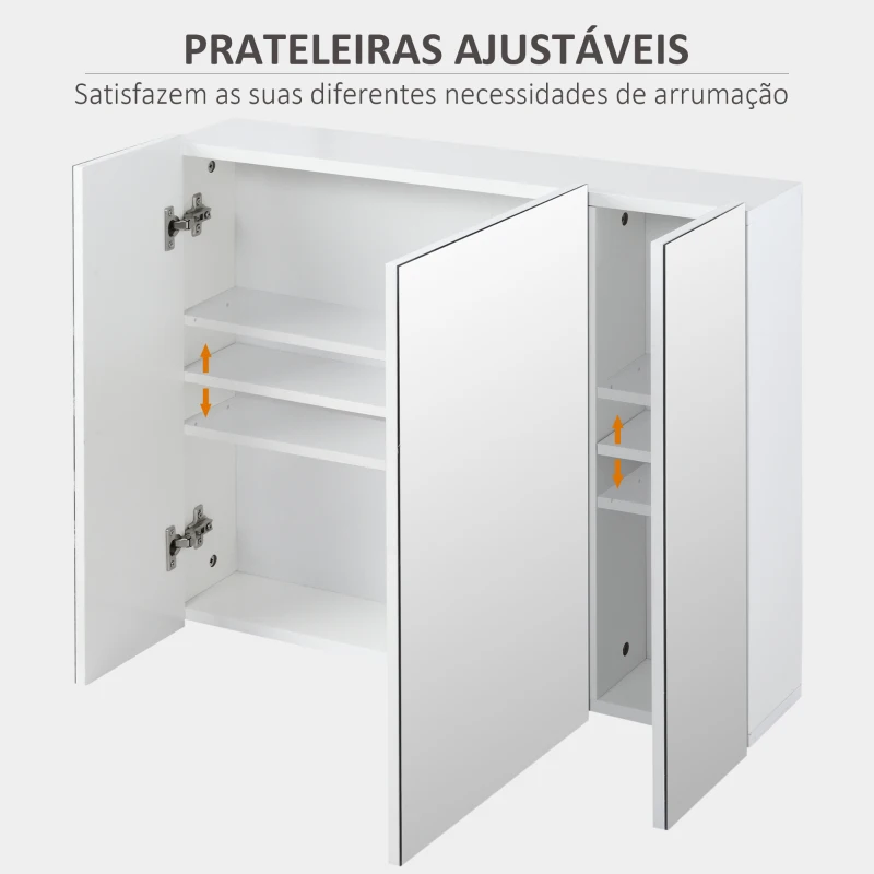 kleankin Armário de Casa de Banho com 3 Portas com Espelho Armário de Parede com Prateleiras Internas Ajustáveis 70x15x60 cm Branco