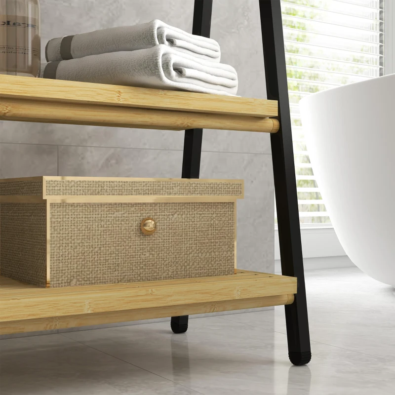 HOMCOM Cuier de Podea Pliabil pentru Prosoape cu 3 Bare și 3 Rafturi, Suport din Bambus, 53x31x153 cm, Lemn Natural
