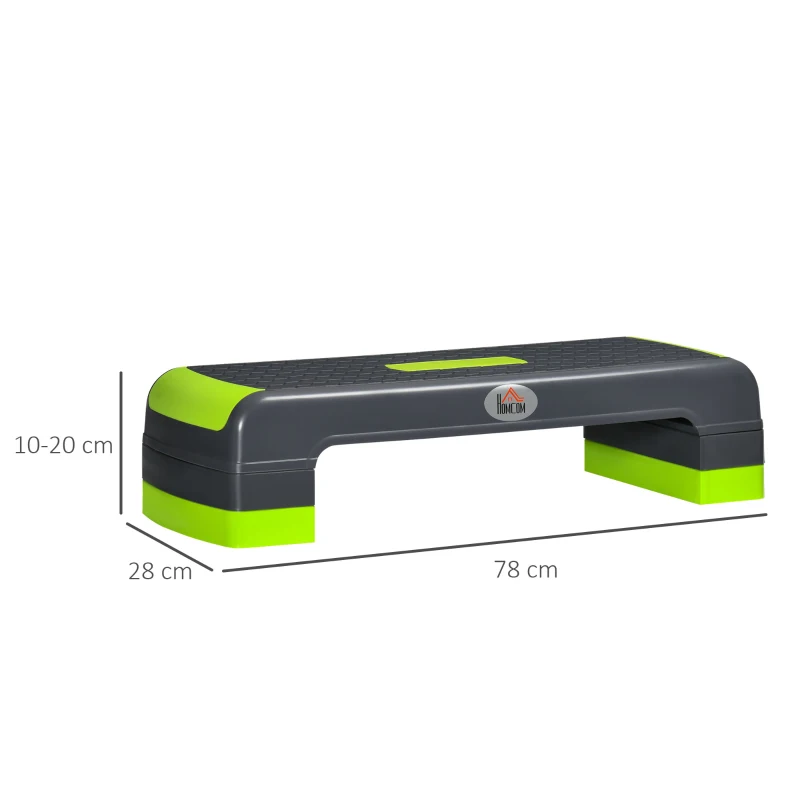HOMCOM Stepper Aerobic Reglabil pe 3 Înălțimi, Step Fitness din Plastic pentru Antrenament, 78x28x10/15/20 cm, Verde