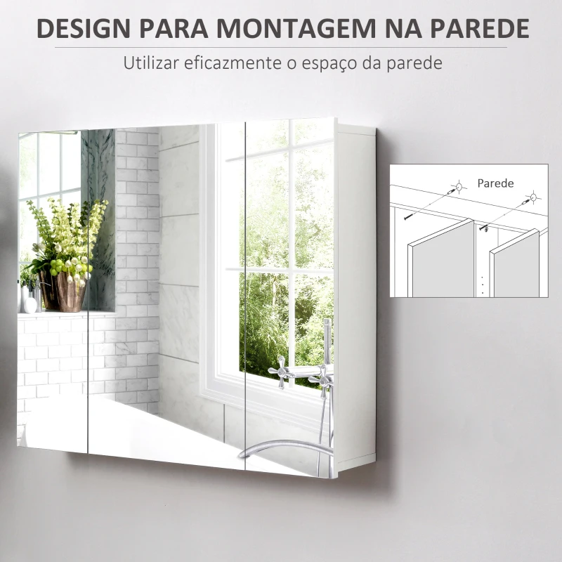 kleankin Armário de Casa de Banho com 3 Portas com Espelho Armário de Parede com Prateleiras Internas Ajustáveis 70x15x60 cm Branco