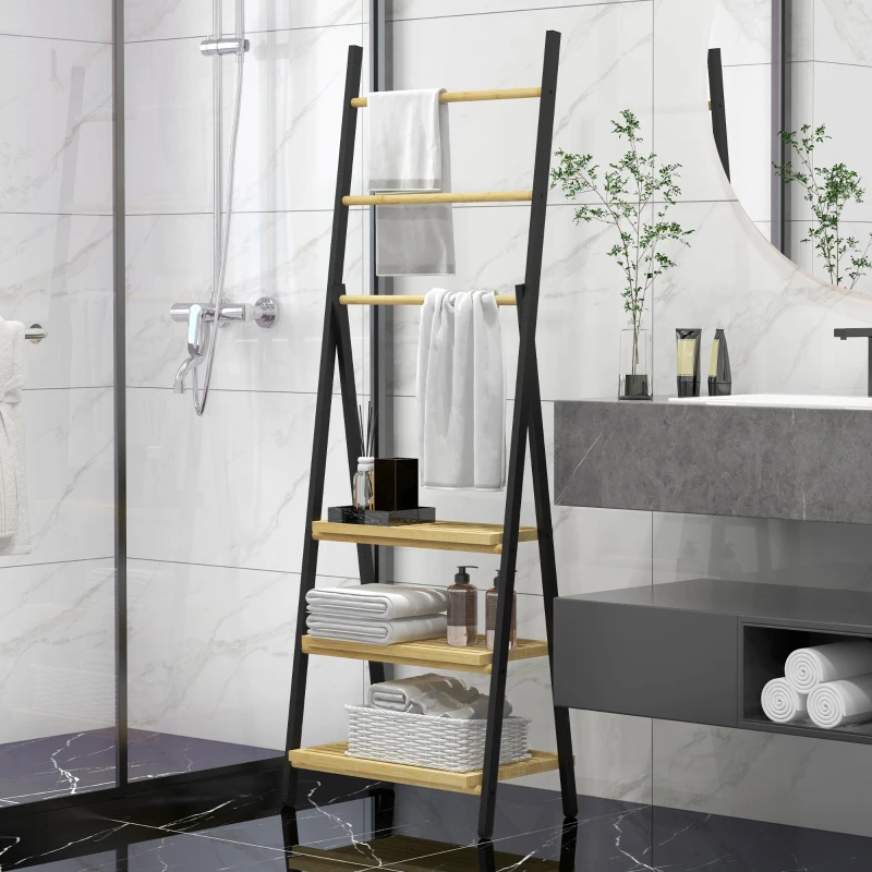 HOMCOM Cuier de Podea Pliabil pentru Prosoape cu 3 Bare și 3 Rafturi, Suport din Bambus, 53x31x153 cm, Lemn Natural