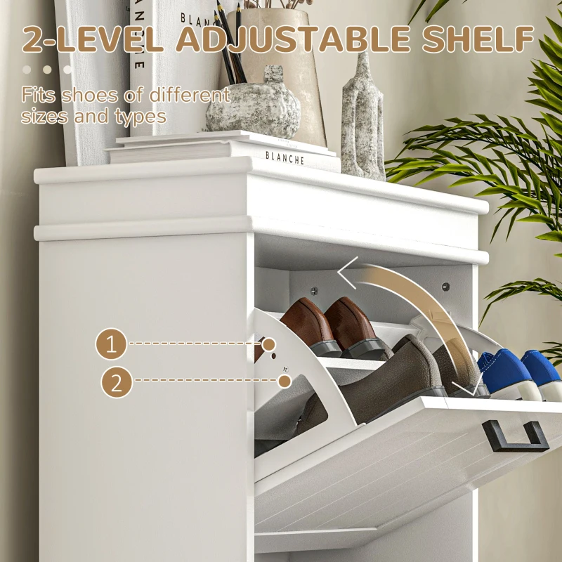 HOMCOM Dulap pentru Pantofi Spațios cu 2 Sertare Rabatabile pentru 10 Perechi de Pantofi, 54x24x82,5 cm, Alb