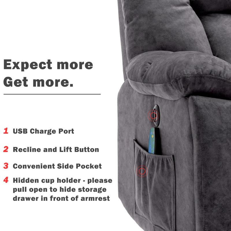 Power Lift Electric Recliner Chair with Heat and Vibration, Massage Chair with USB Ports and Side Pockets, Easy Assembly, 100x95x105 cm, Grey