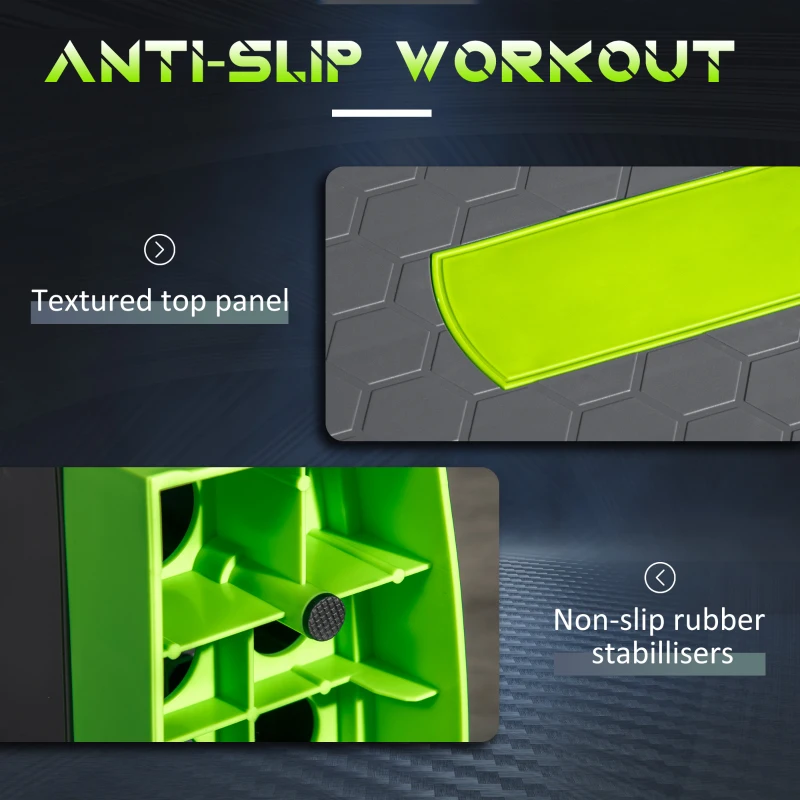 HOMCOM Stepper Aerobic Reglabil pe 3 Înălțimi, Step Fitness din Plastic pentru Antrenament, 78x28x10/15/20 cm, Verde