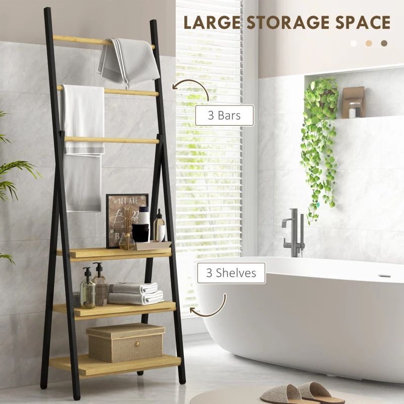 HOMCOM Cuier de Podea Pliabil pentru Prosoape cu 3 Bare și 3 Rafturi, Suport din Bambus, 53x31x153 cm, Lemn Natural