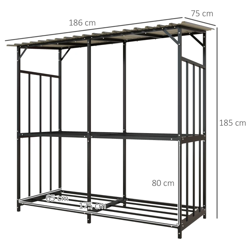 Outsunny Brandhoutrek, 2 lagen, Verzinkt Staal Dak, Metalen Frame, 186 x 75 x 185 cm, Zwart