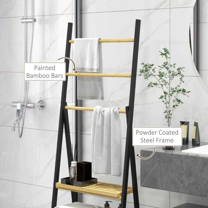 HOMCOM Cuier de Podea Pliabil pentru Prosoape cu 3 Bare și 3 Rafturi, Suport din Bambus, 53x31x153 cm, Lemn Natural