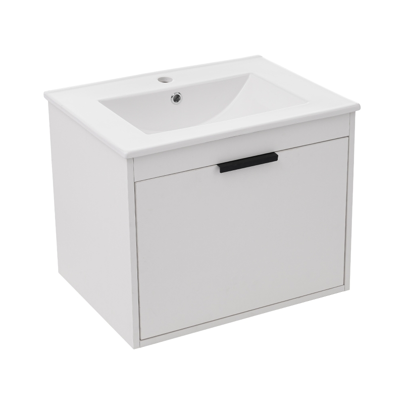 Meuble sous-lavabo suspendu 59 cm de longeur, avec lavabo en céramique et tiroirs, design moderne, 59×46,5×47 cm,Blanc