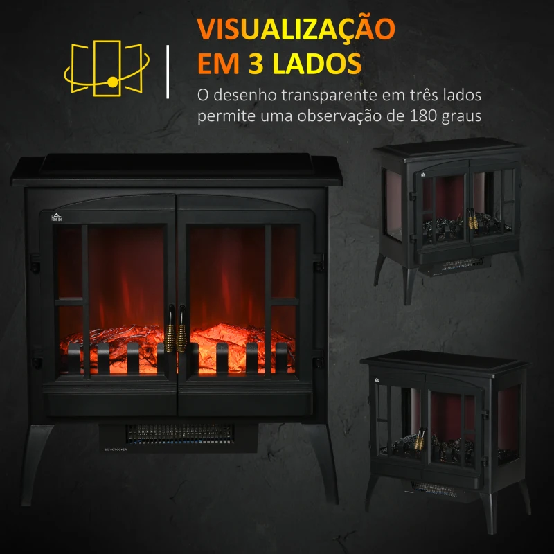 HOMCOM Lareira Elétrica 1000W/2000W com Luzes LED Chamas Realistas e Proteção Contra Superaquecimento para 15-20 ㎡ 60x37x60,5 cm Preto
